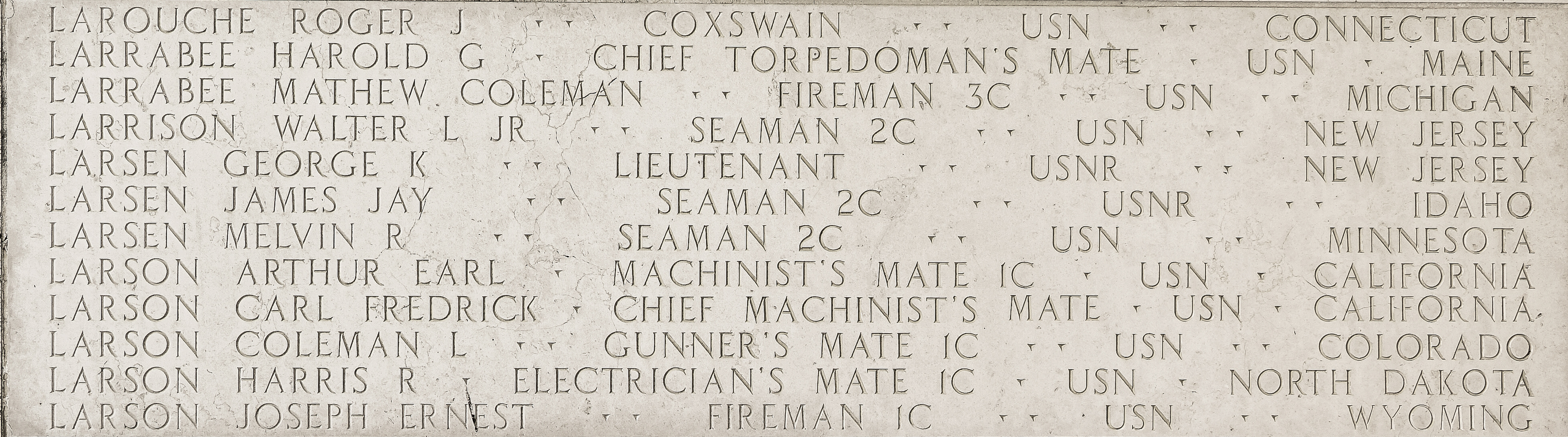 Joseph Ernest Larson, Fireman First Class